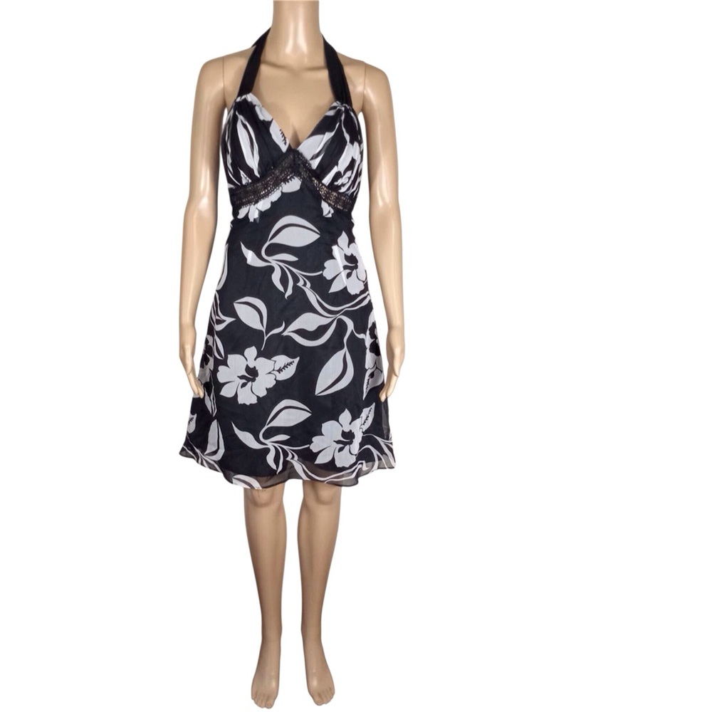 De Laru Floral Black And White Chiffon Halter Dress Junior Size 3/4